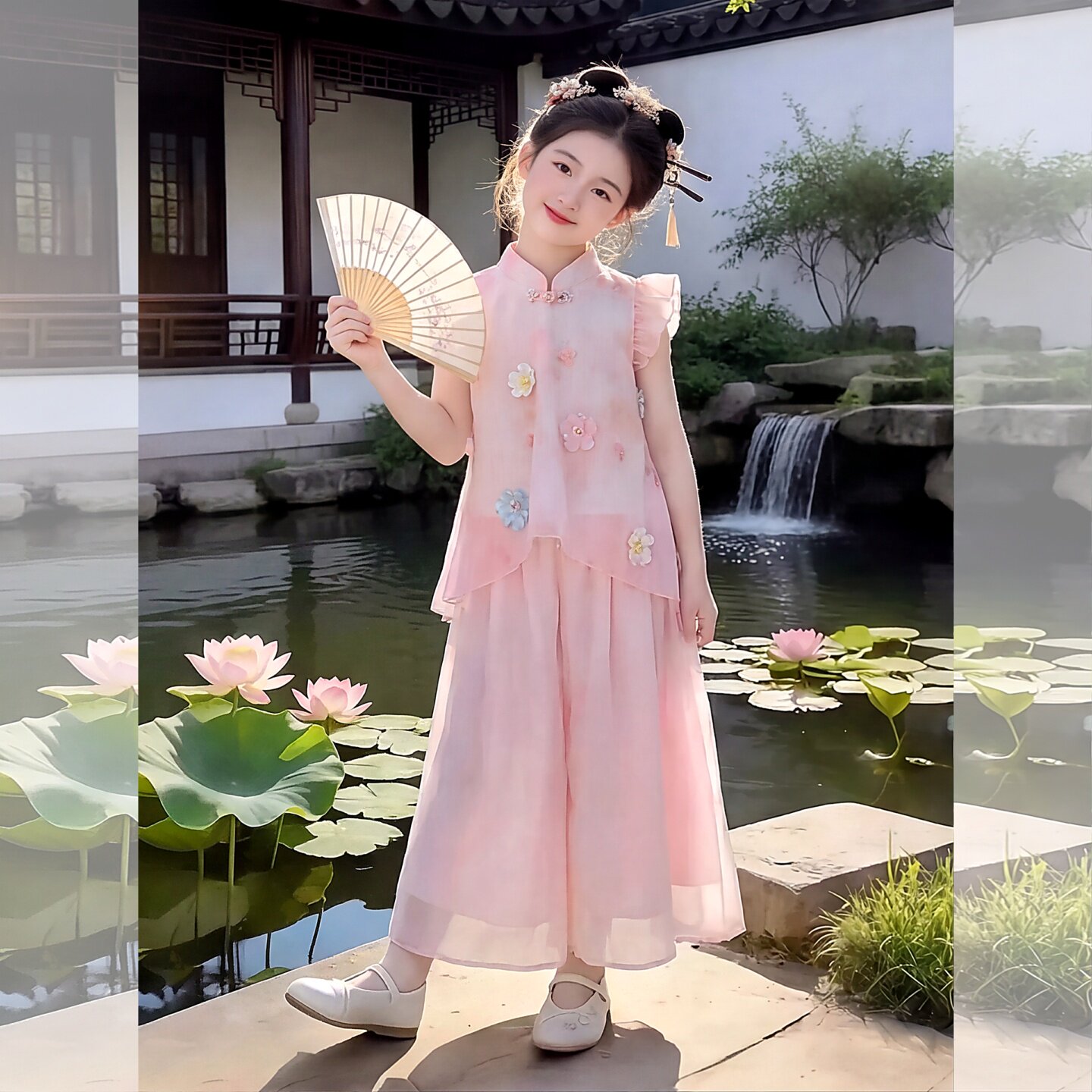 女童飞袖新中式汉服夏装国风套装