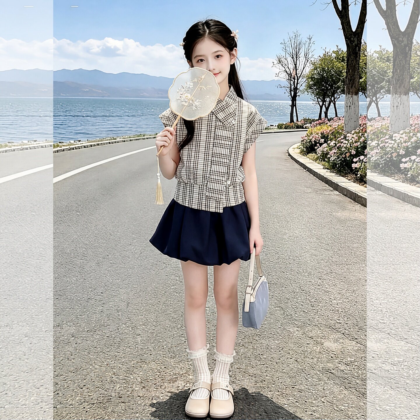 女童夏季新款格子短袖上衣套装洋