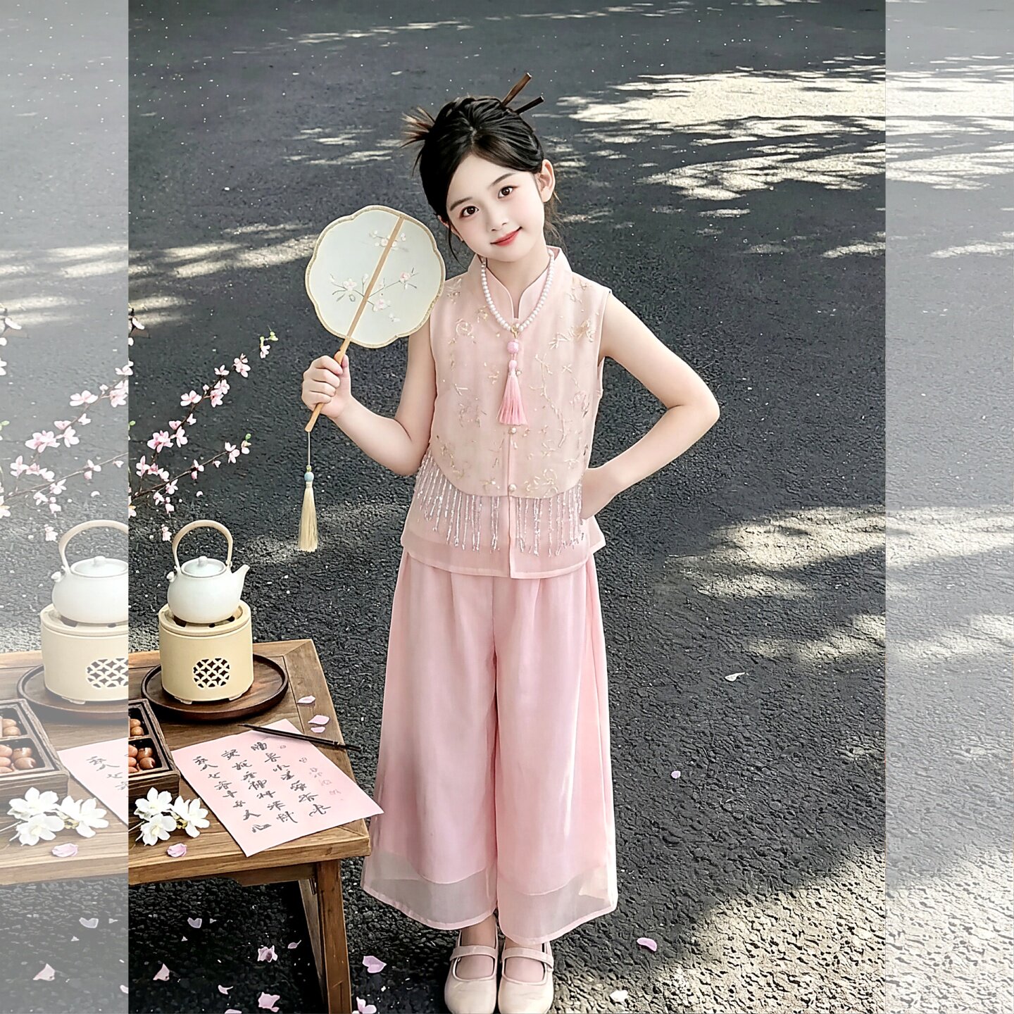 女童甜美新中式汉服套装夏季新款中国风无袖背心阔腿裤冰丝两件套