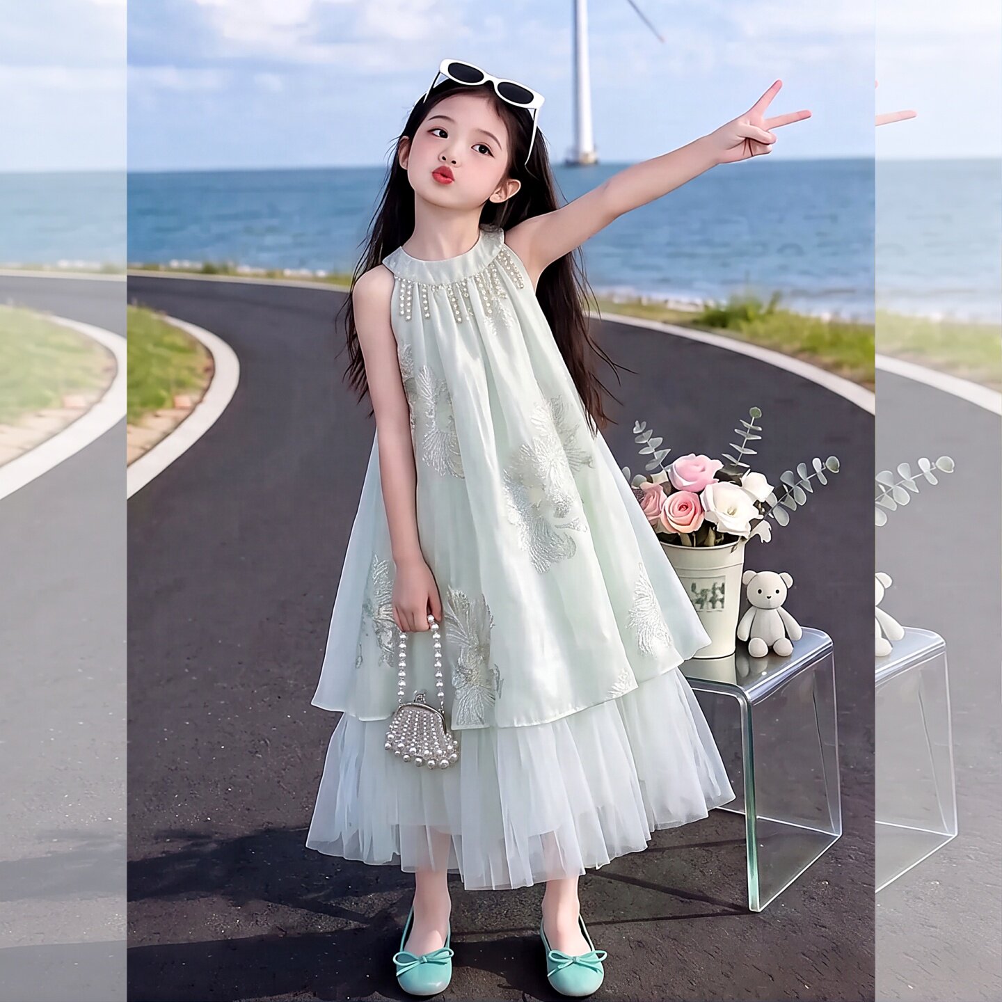 女童连衣裙夏季甜美风无袖挂脖纱