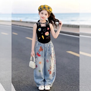 女童夏季背心套装大儿童嘻哈爵士舞服装女孩夏装数码印花阔腿裤潮