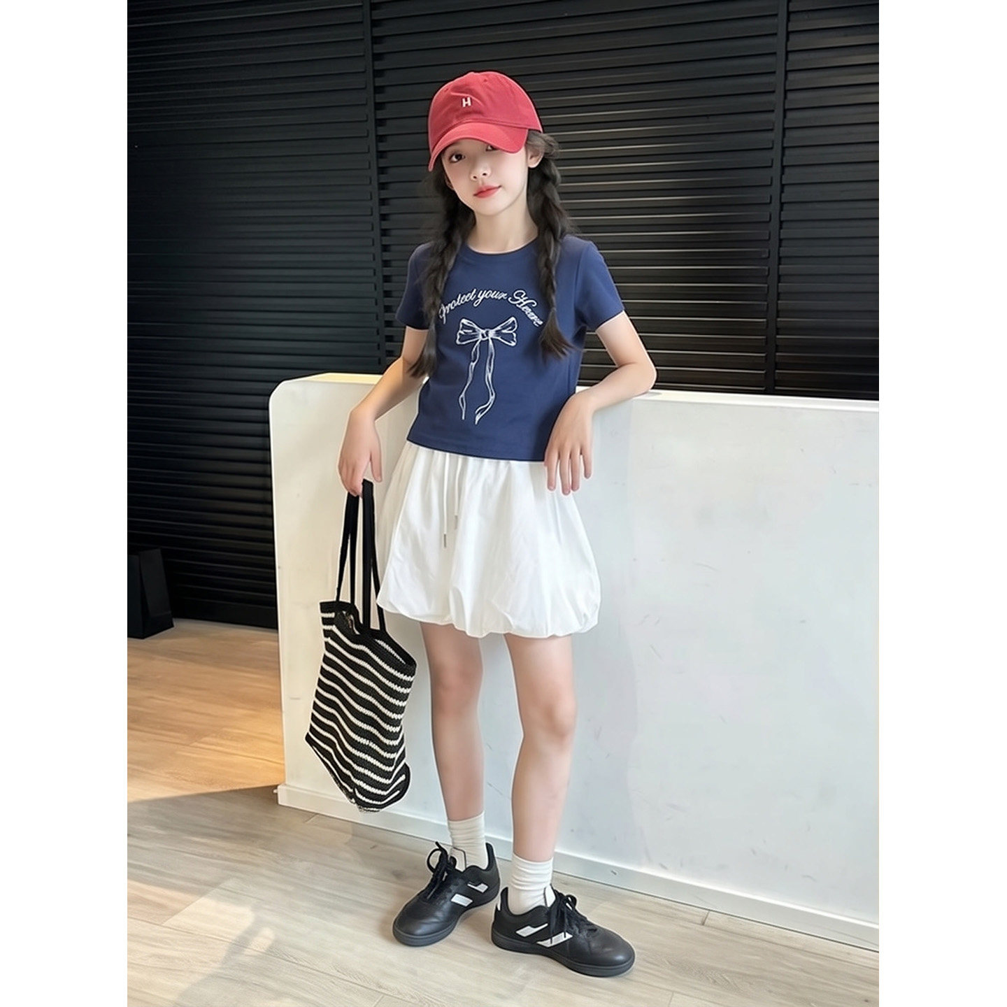 女童夏装套装新款2026新款夏季短袖T恤套裙花苞裙短裙两件套12岁9