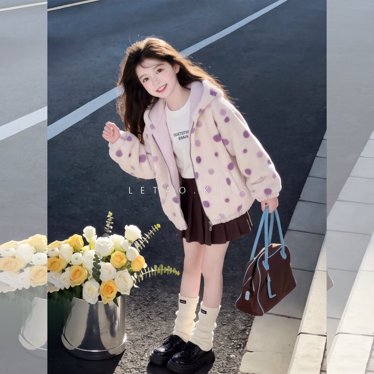 女童秋冬加厚波点连帽棉服中大童洋气休闲毛毛衣两面穿女孩外套