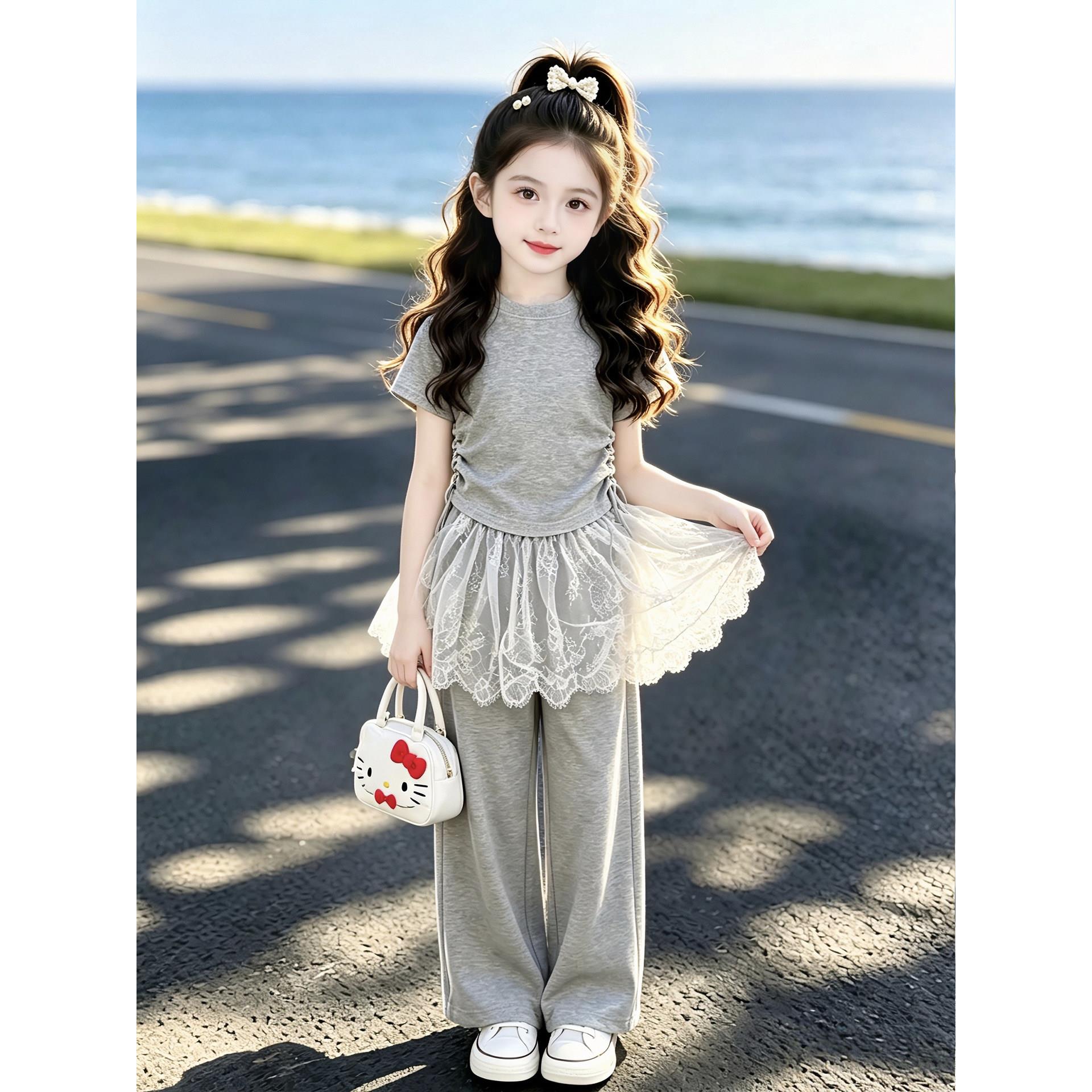 女童套装夏季2026新款儿童短袖T恤夏装女孩蕾丝屁帘运动裤两件套