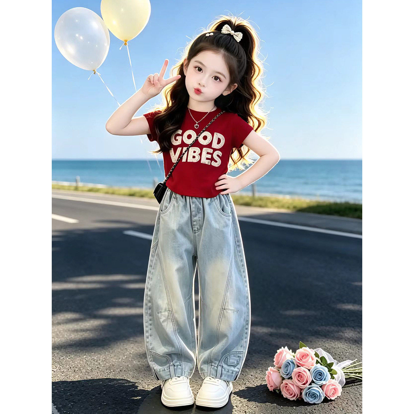 女童短袖套装夏季2026新款儿童薄款夏装女孩牛仔弯刀裤两件套洋气