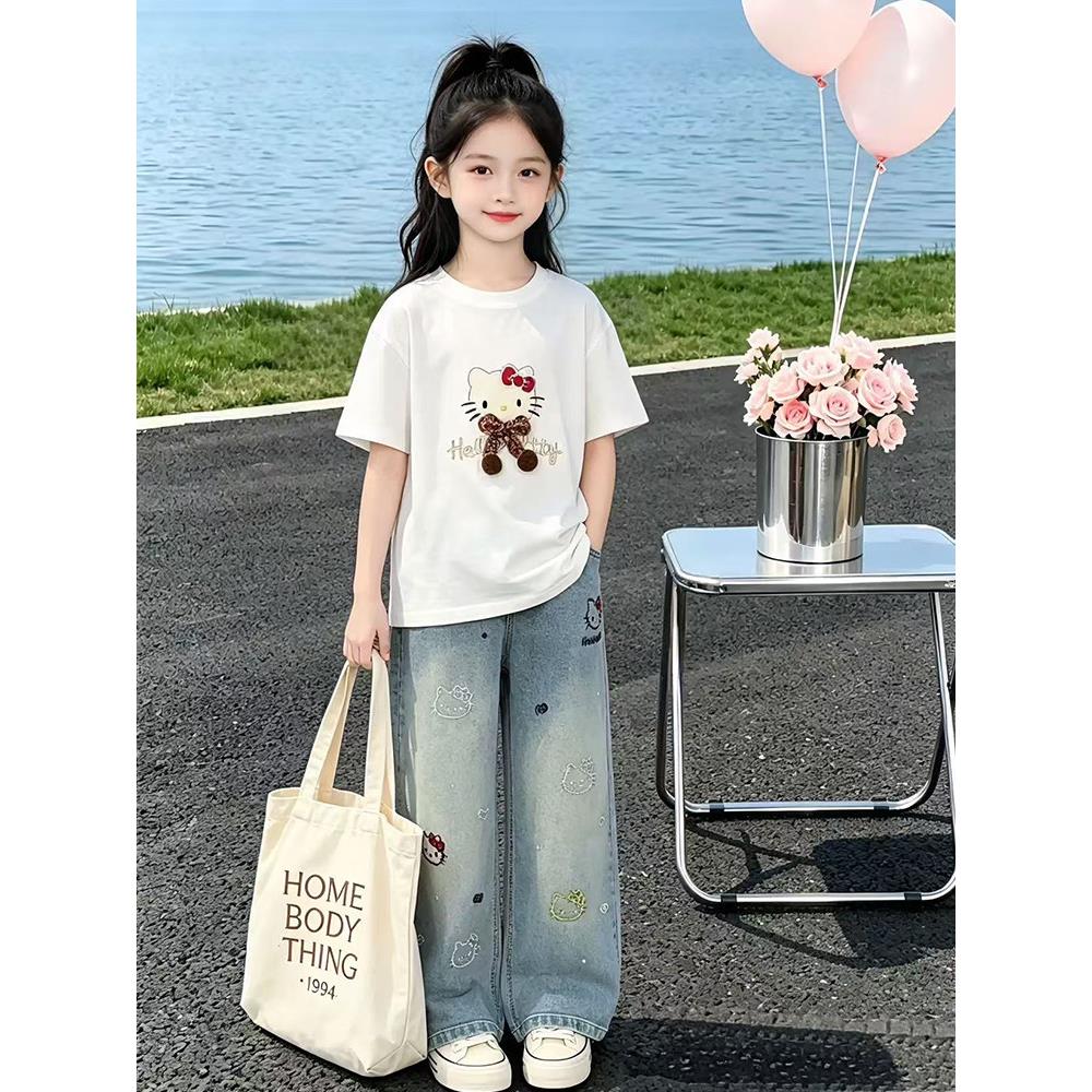 女童夏季KT猫T恤套装2026新款儿童休闲夏装女孩刺绣牛仔裤两件套