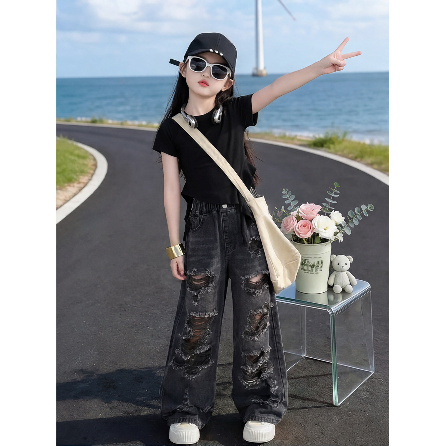 女童夏装短袖破洞牛仔裤两件套装
