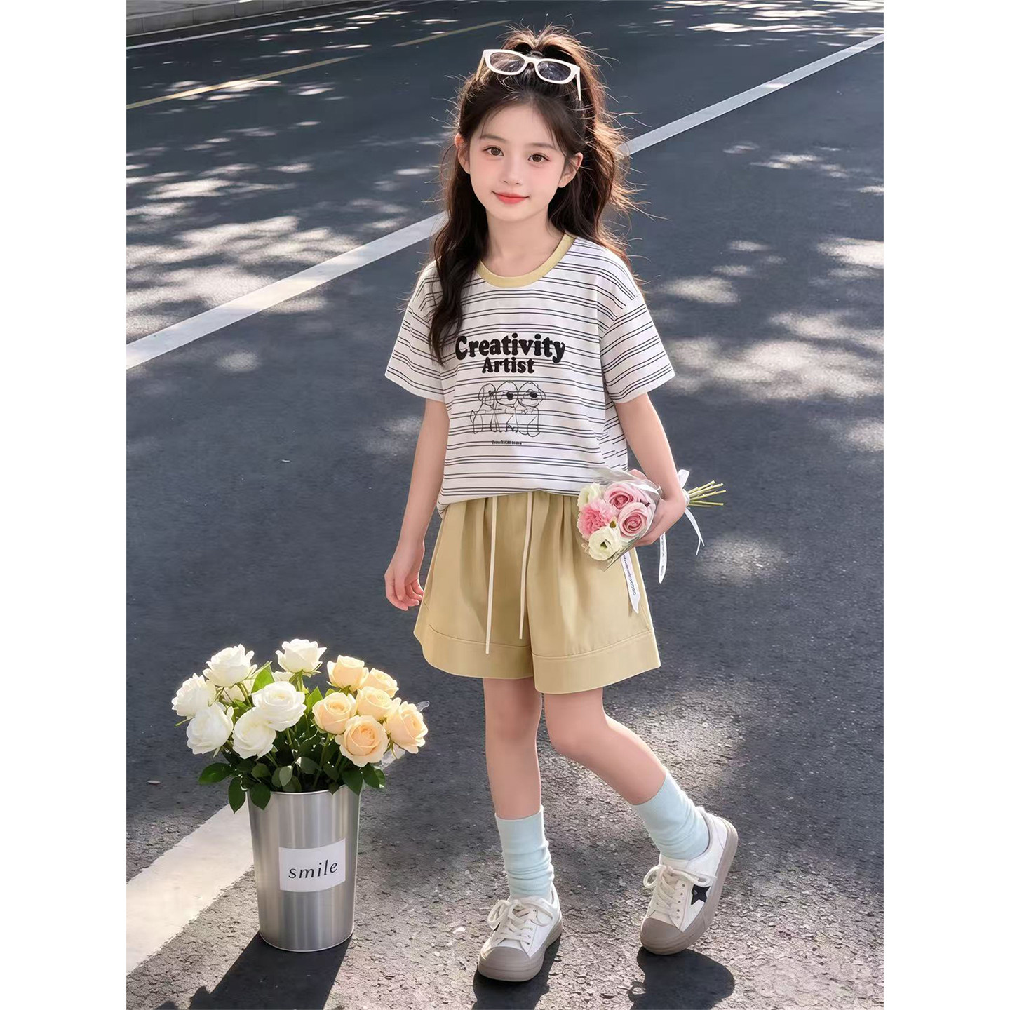 女童休闲运动套装2026新款夏季儿童撞色条纹T恤百搭短裤两件套潮