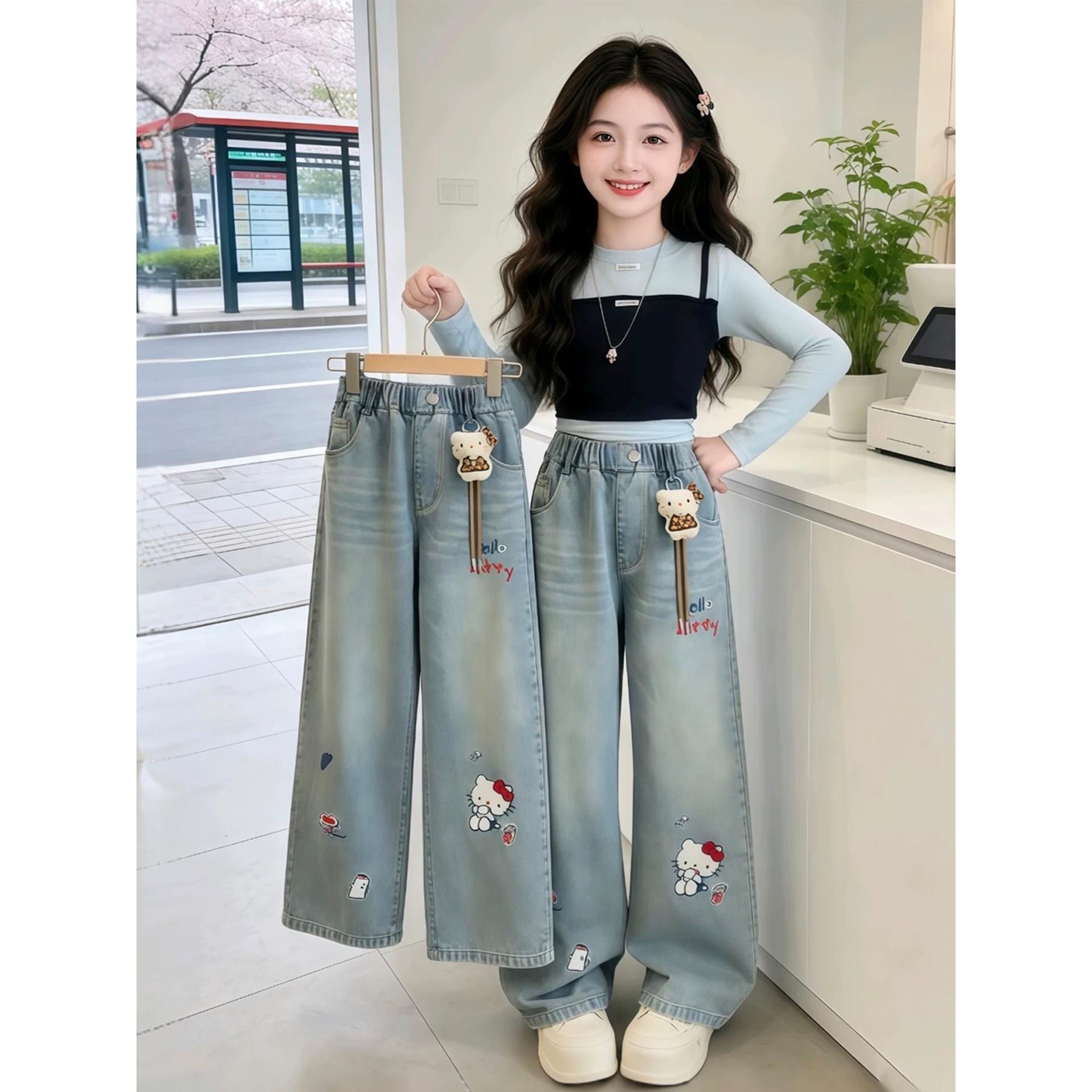 女童裤子春秋款2026新款儿童HelloKitty刺绣牛仔裤大童直筒阔腿裤