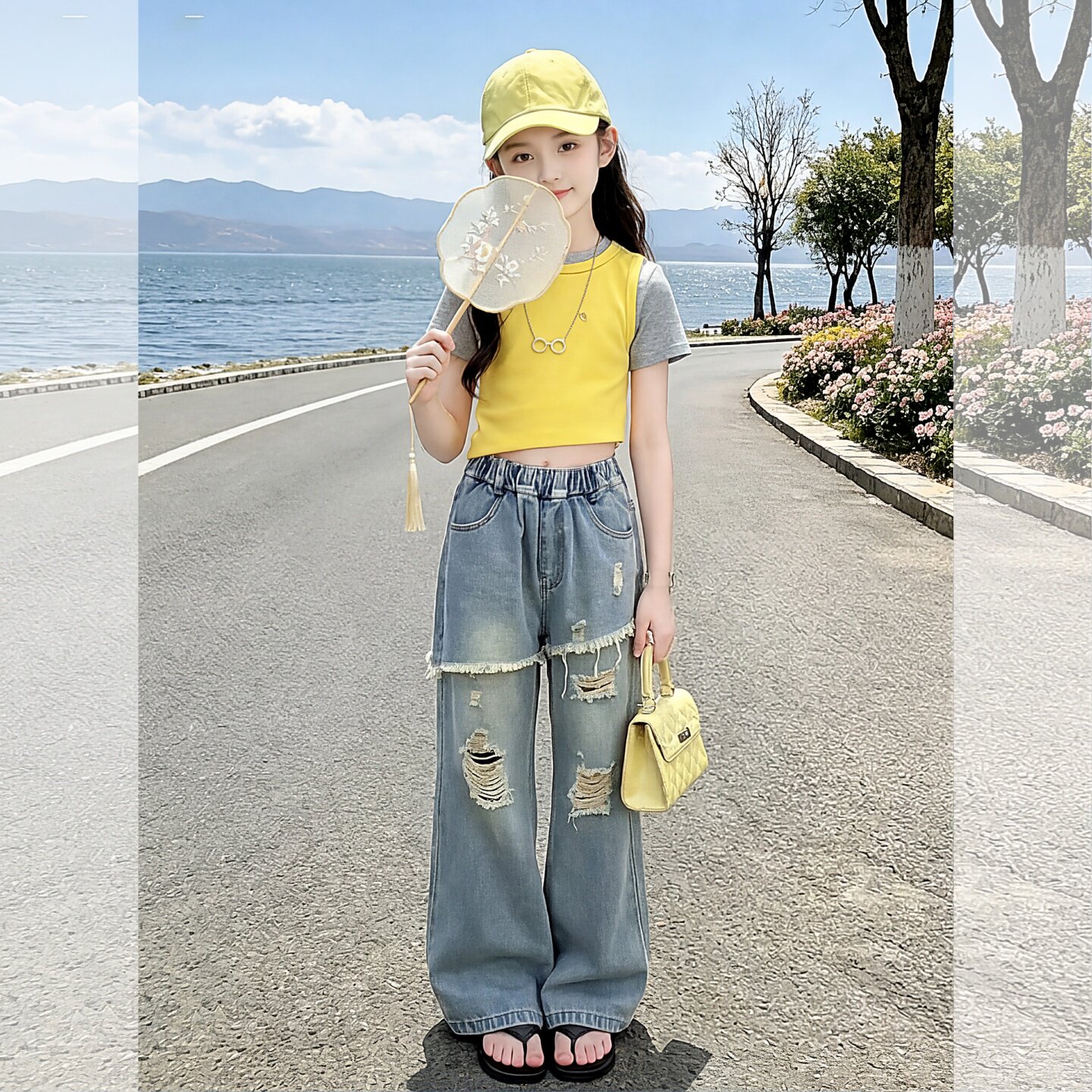 韩版女童牛仔喇叭裤套装2026新款夏季薄款破洞两件套洋气街头风