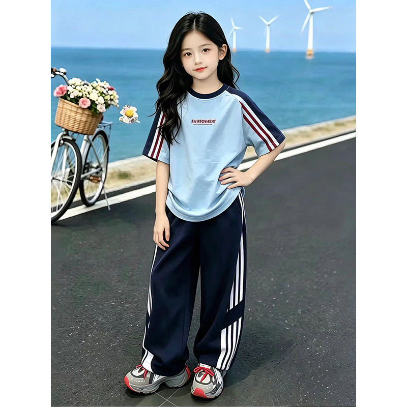 女童夏季套装2026新款儿童韩版条纹T恤夏装女孩休闲阔腿裤两件套