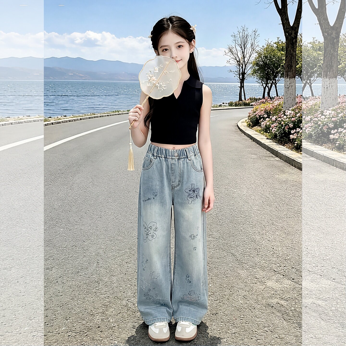 女童烫钻牛仔裤春夏薄款2026新款
