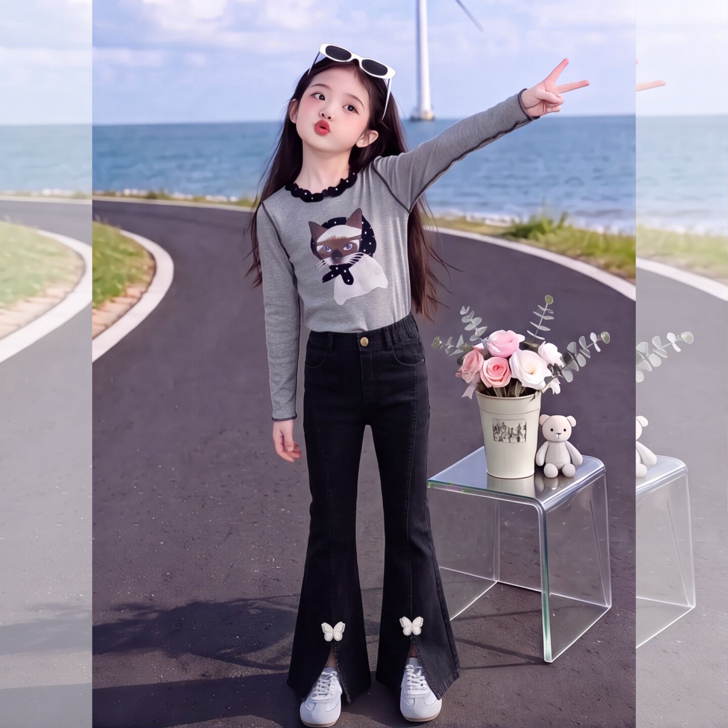 女童牛仔喇叭裤套装秋季T恤2026