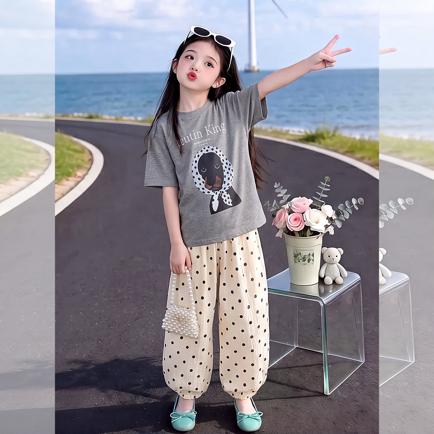 女童头巾小狗波点休闲裤套装女孩