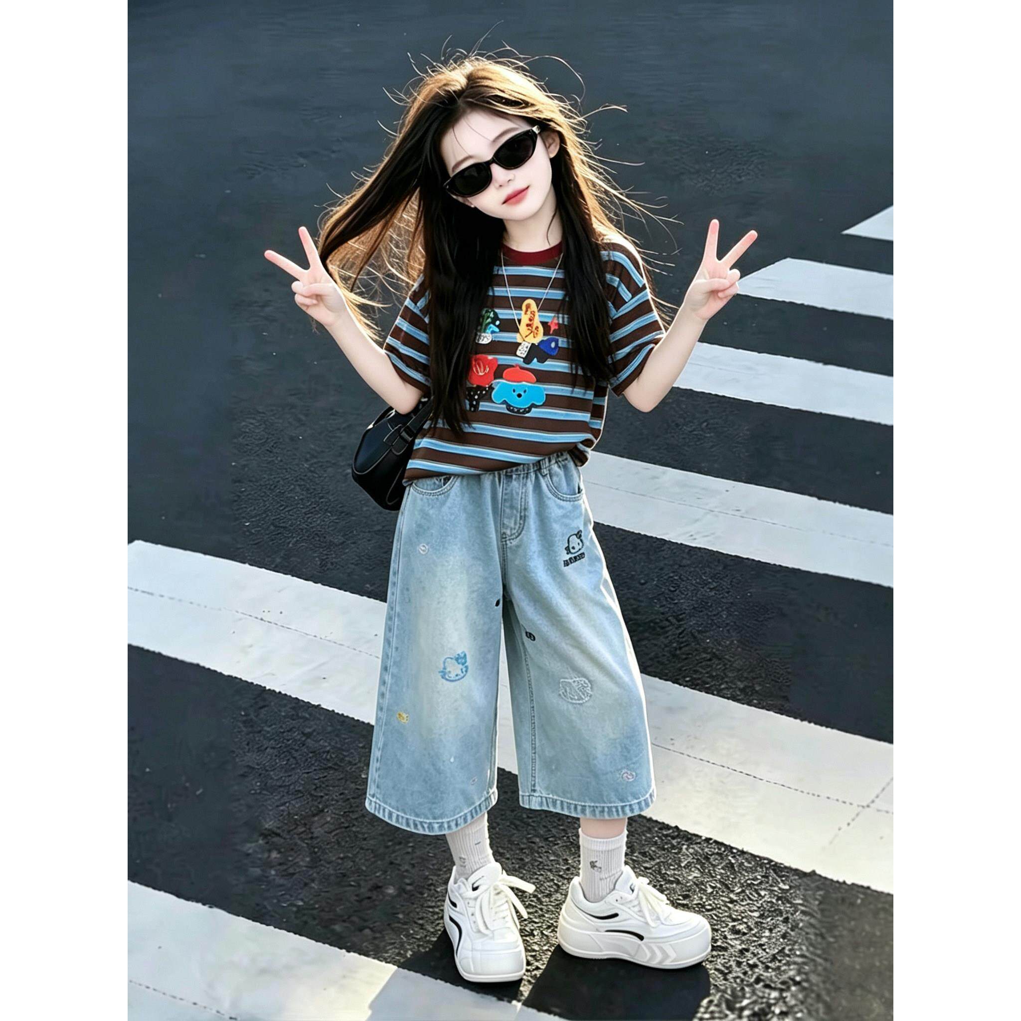女童条纹T恤套装夏季新款9岁中大童卡通印花短袖休闲牛仔裤两件套