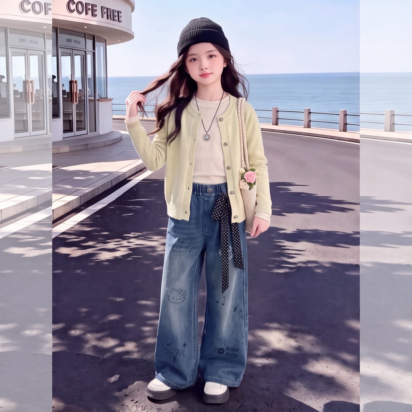 女童牛仔裤丝带洋气宽松女大童阔