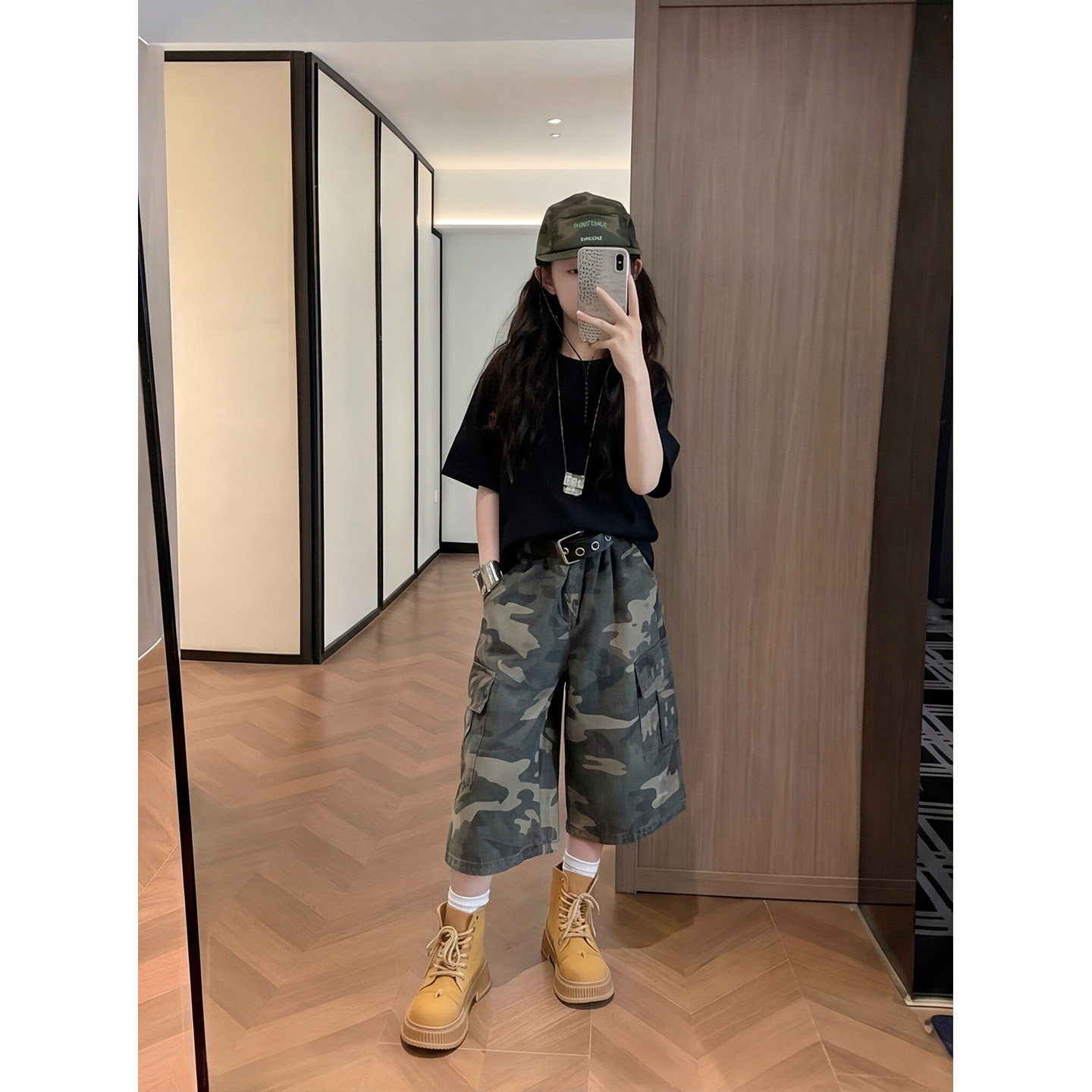 女童美式迷彩工装短裤套装夏季2026新款儿童宽松洋气阔腿七分裤子