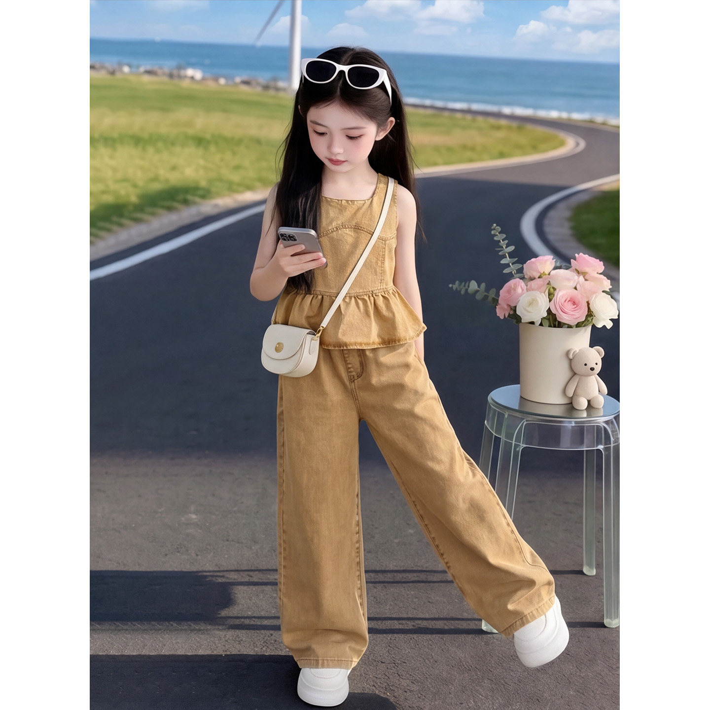 女童牛仔套装夏季薄款2026儿童女孩休闲无袖背心阔腿裤休闲两件套