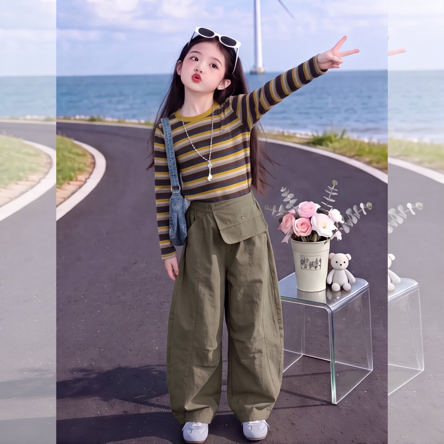 女童休闲慵懒风条纹长袖套装早秋
