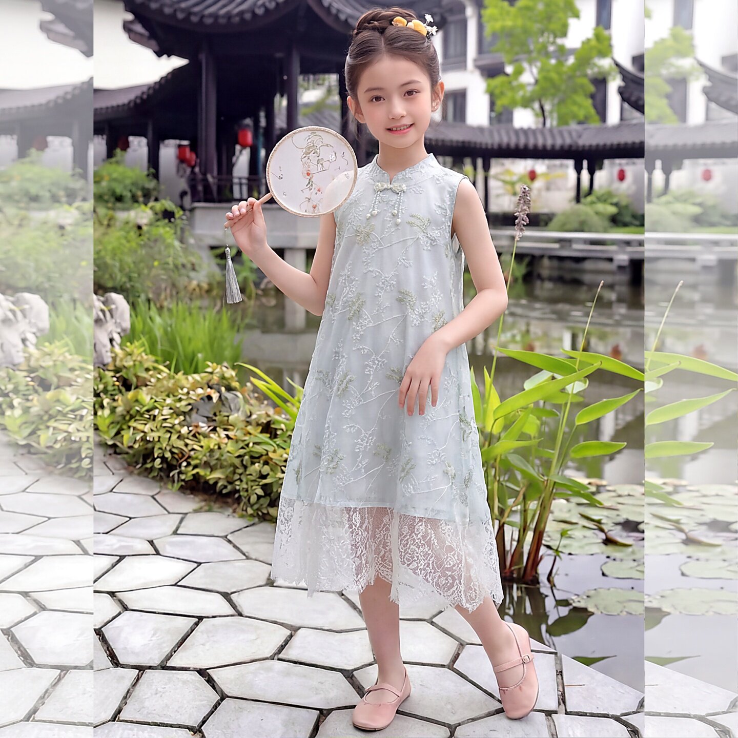 女童新中式连衣裙2026夏季立领花