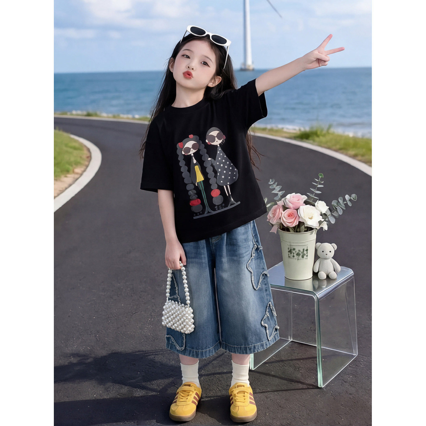 女童夏套装2026新款女大童巨好看夏装儿童短袖T恤牛仔短裤两件套