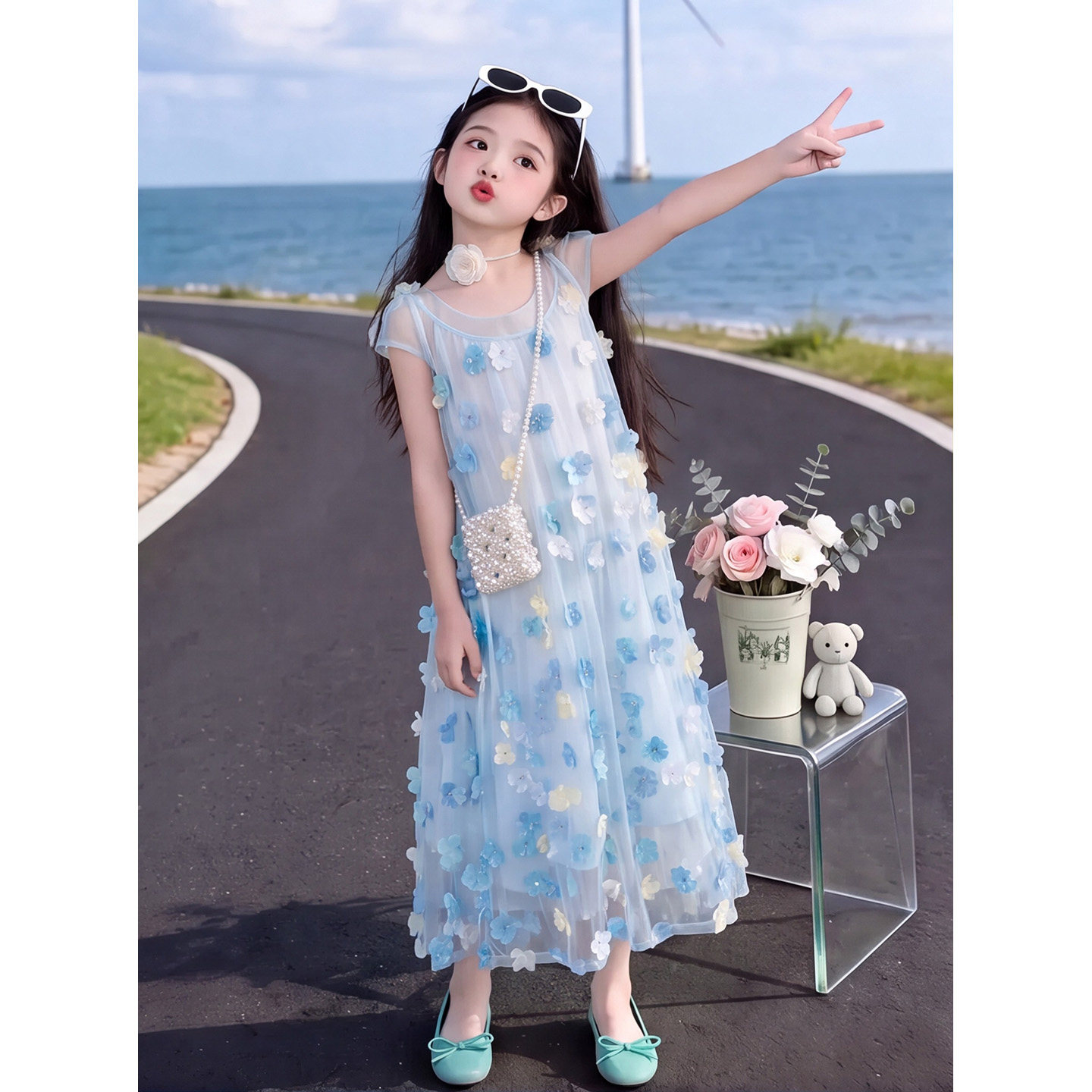 女童夏季连衣裙立体花朵纱裙无袖