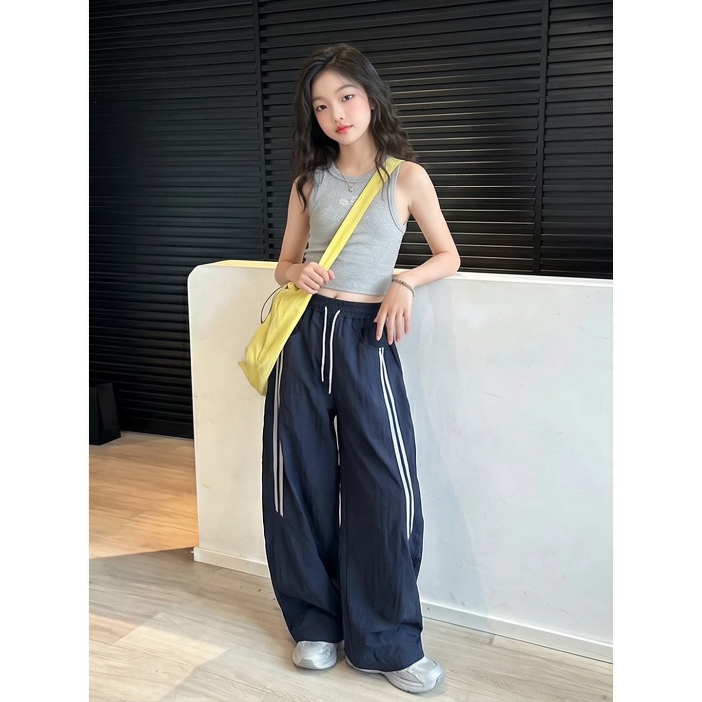 韩系双杠条纹阔腿裤女2026夏季