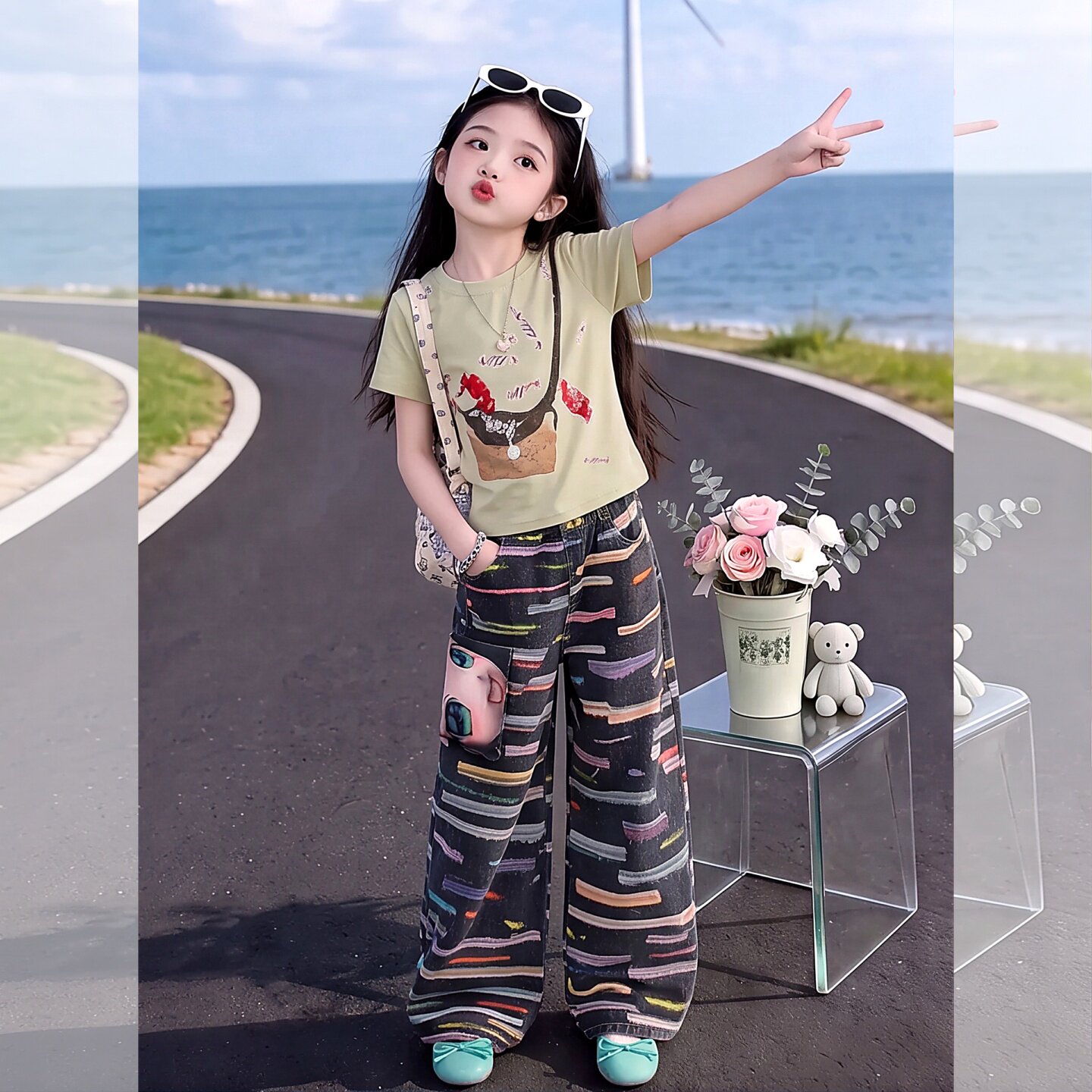 设计感女童立体糖果洋气短袖套装