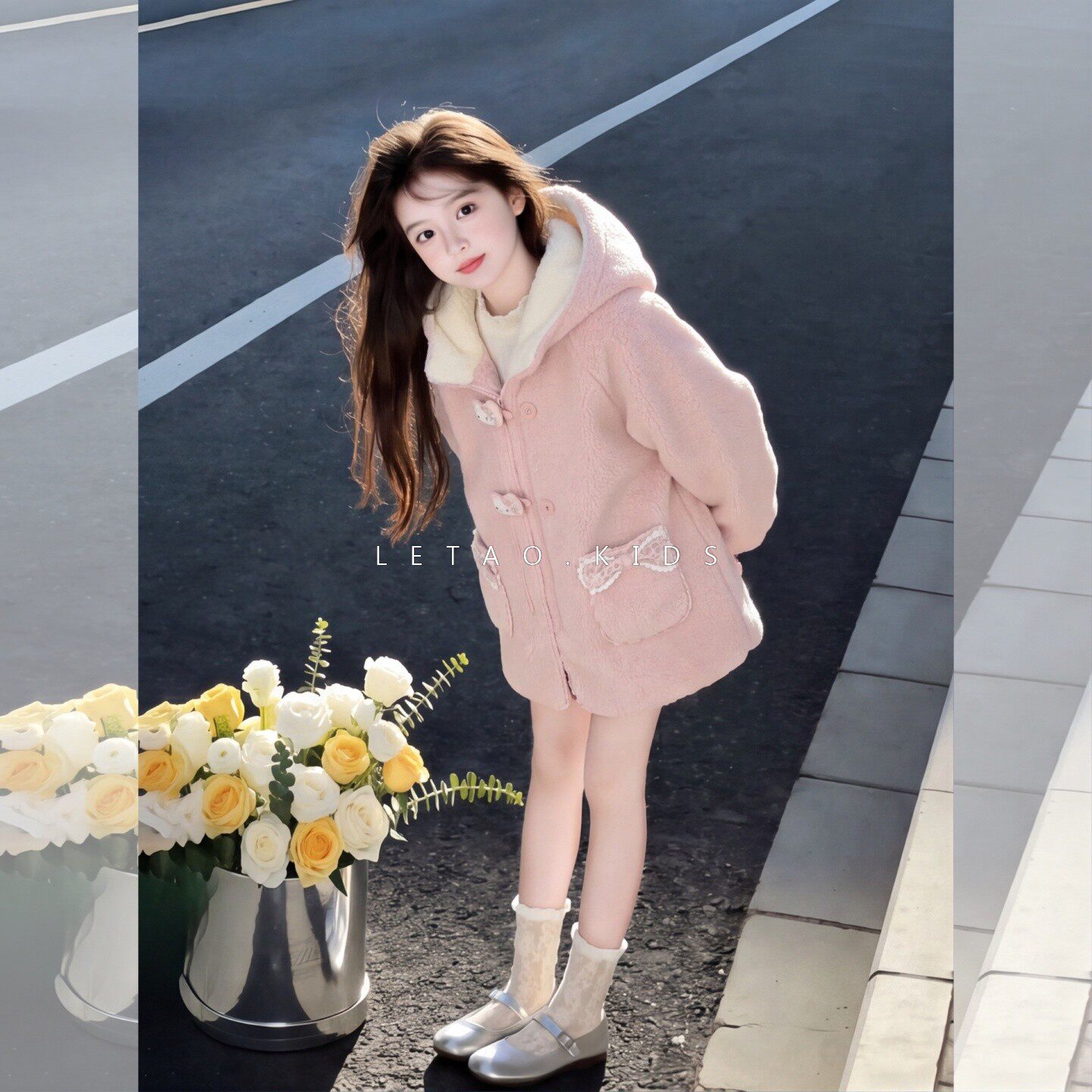 女童2026新款冬季棉服外套洋气中大童连帽加绒毛毛衣冬装纯色棉袄