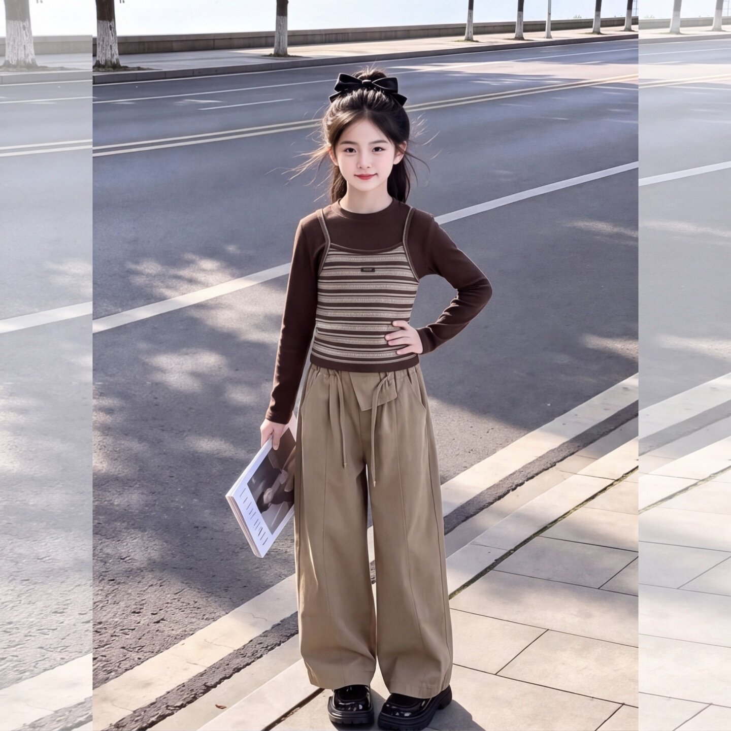 女童秋装套装2026新款条纹上衣棉