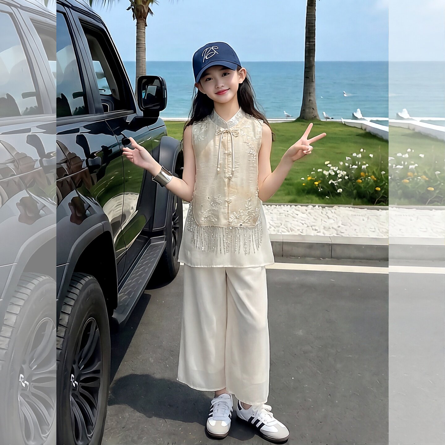 女童夏新中式扣流苏马甲阔腿裤套