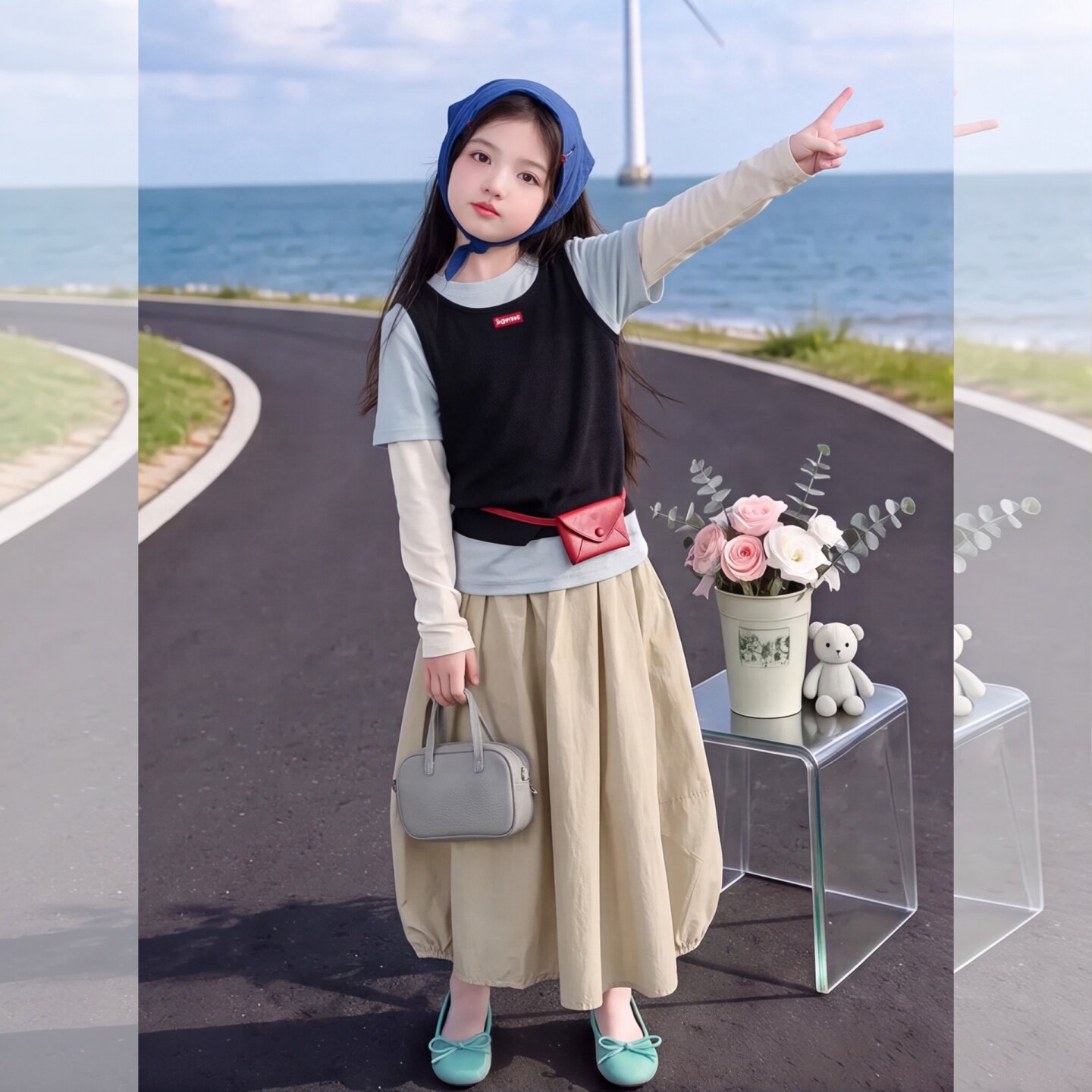 女童套装2026新秋款女孩撞色假两