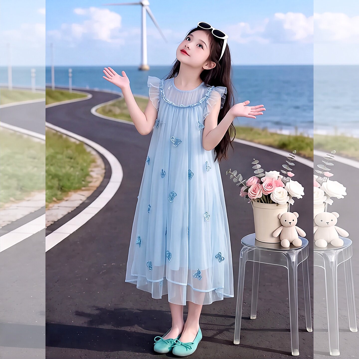 女童夏装网纱连衣裙蝴蝶结甜美公