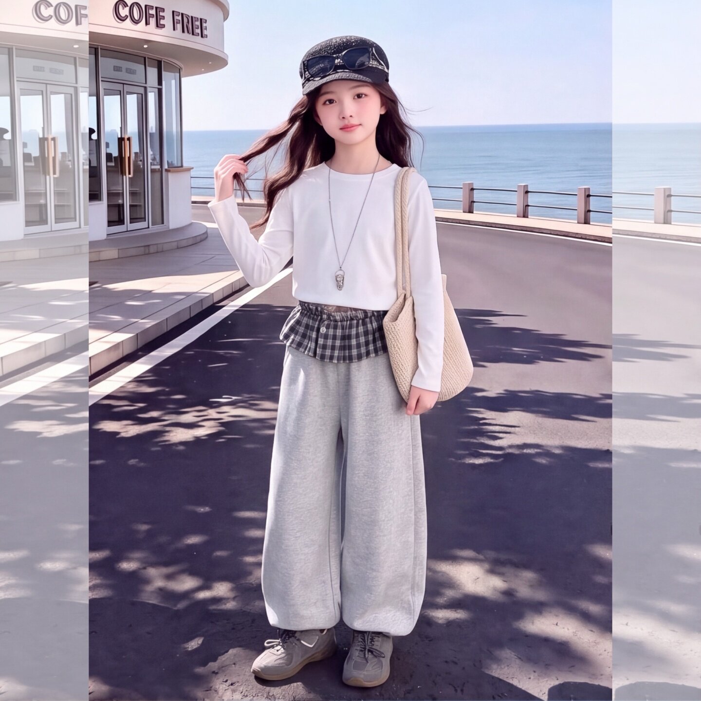 女童格子拼接束脚裤秋季休闲运动