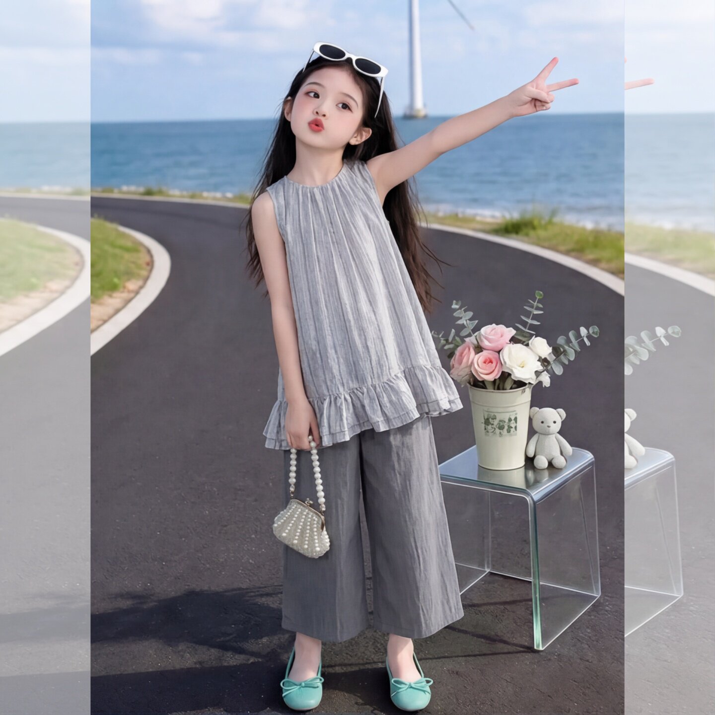 女童夏季纯棉休闲背心七分阔腿裤套装2026新款时髦儿童初中生森系