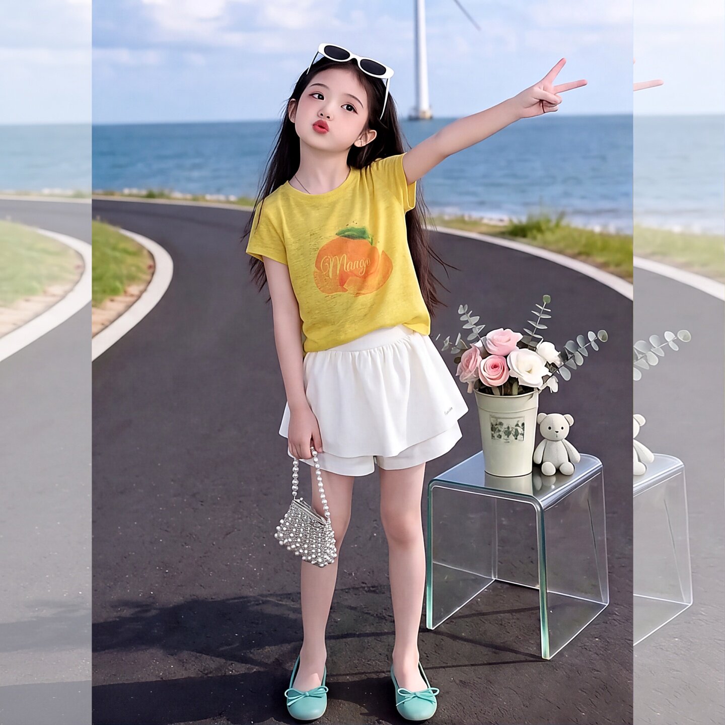 女童水果印花短袖T恤裙裤两件套