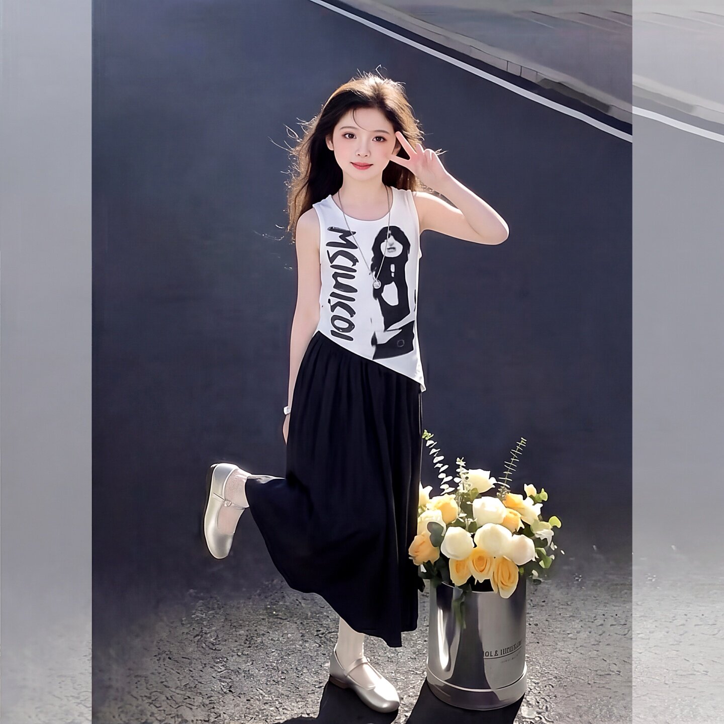 女童套装裙2026夏季新款韩版印花不规则背心洋气显瘦半身裙两件套