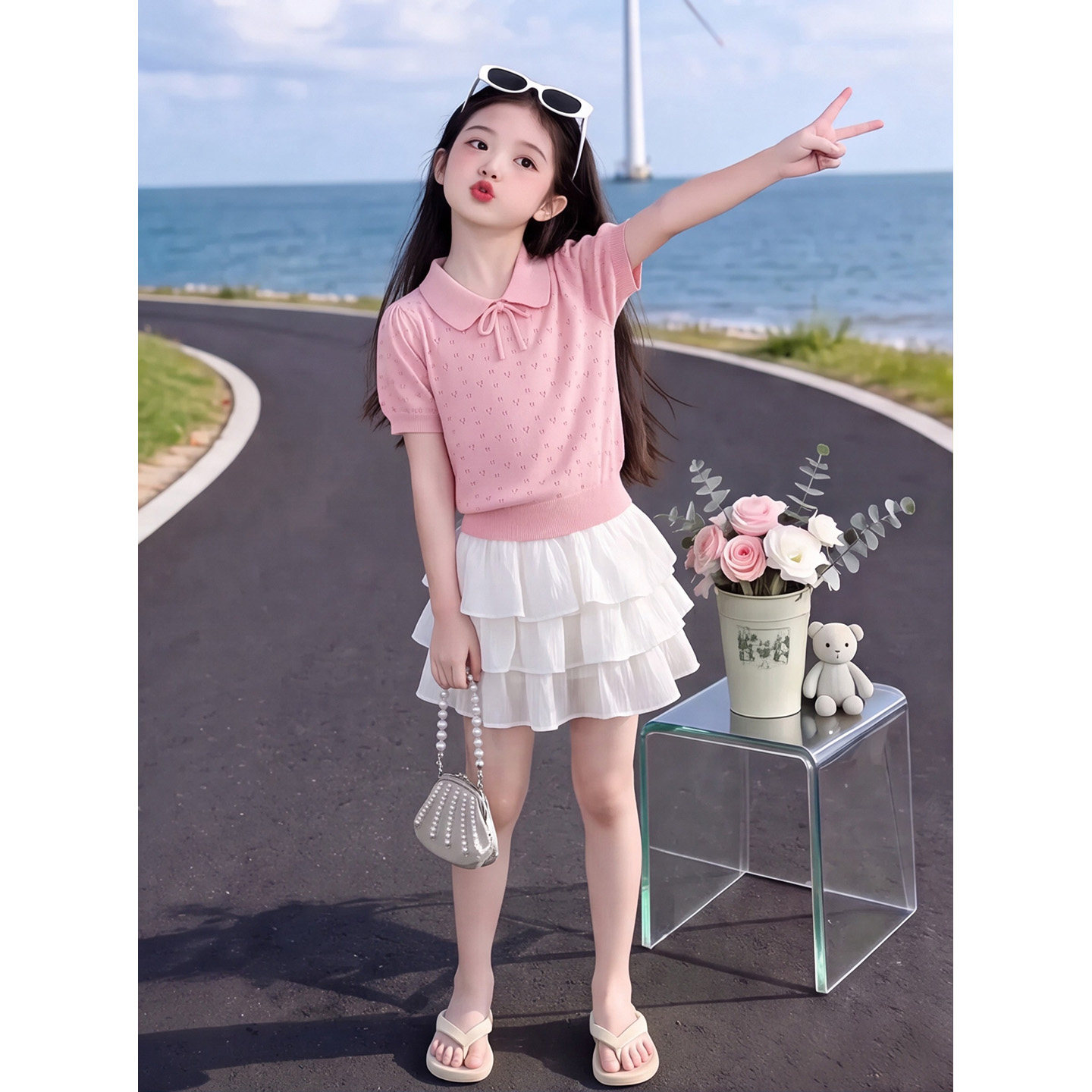 女童娃娃领镂空针织短袖套装夏季
