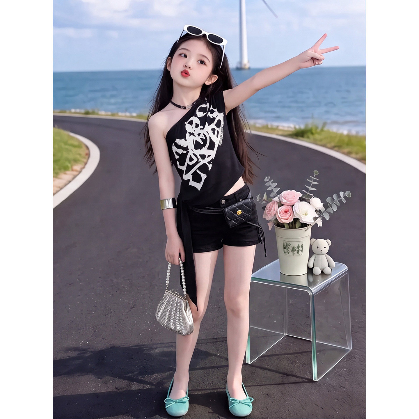 女童街舞jazz套装夏款2026女孩斜