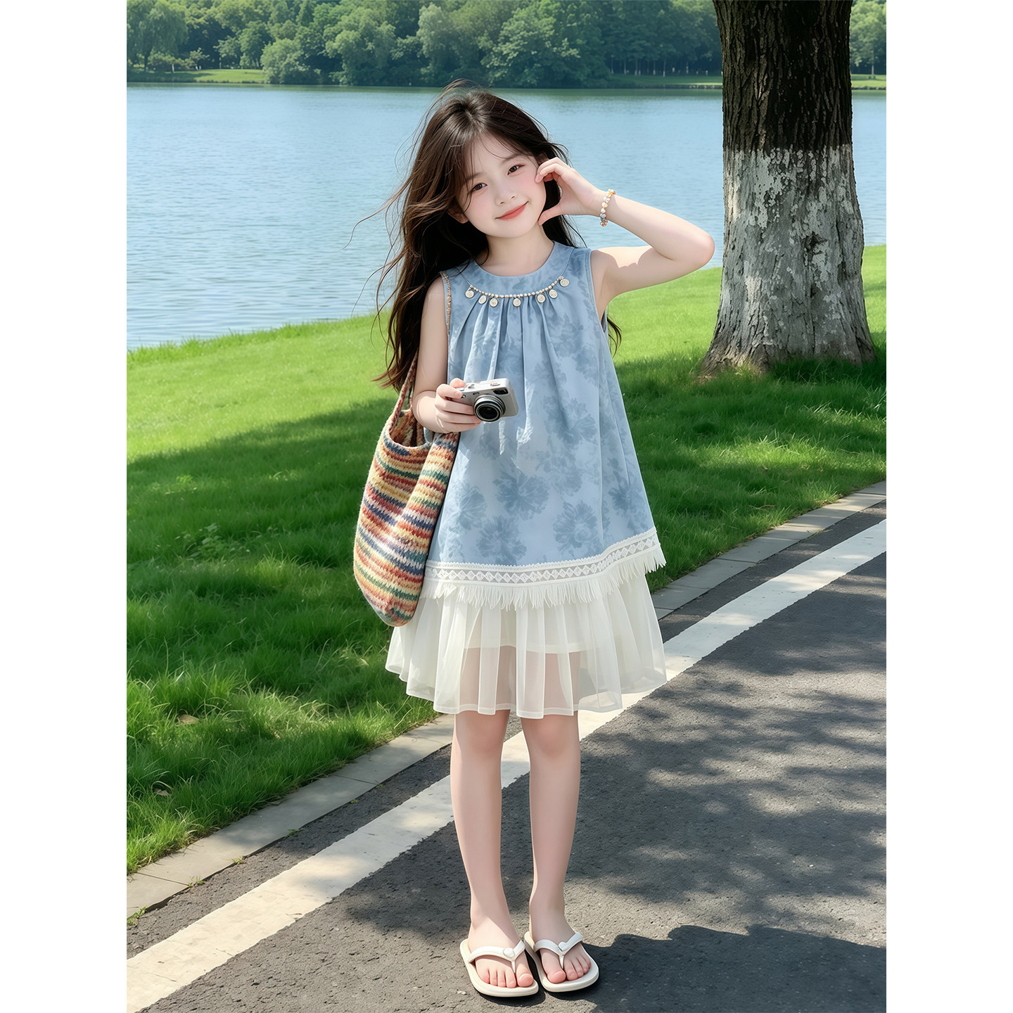 女童夏季裙子2026新款儿童无袖蕾丝拼接蛋糕裙夏装女孩薄款洋装