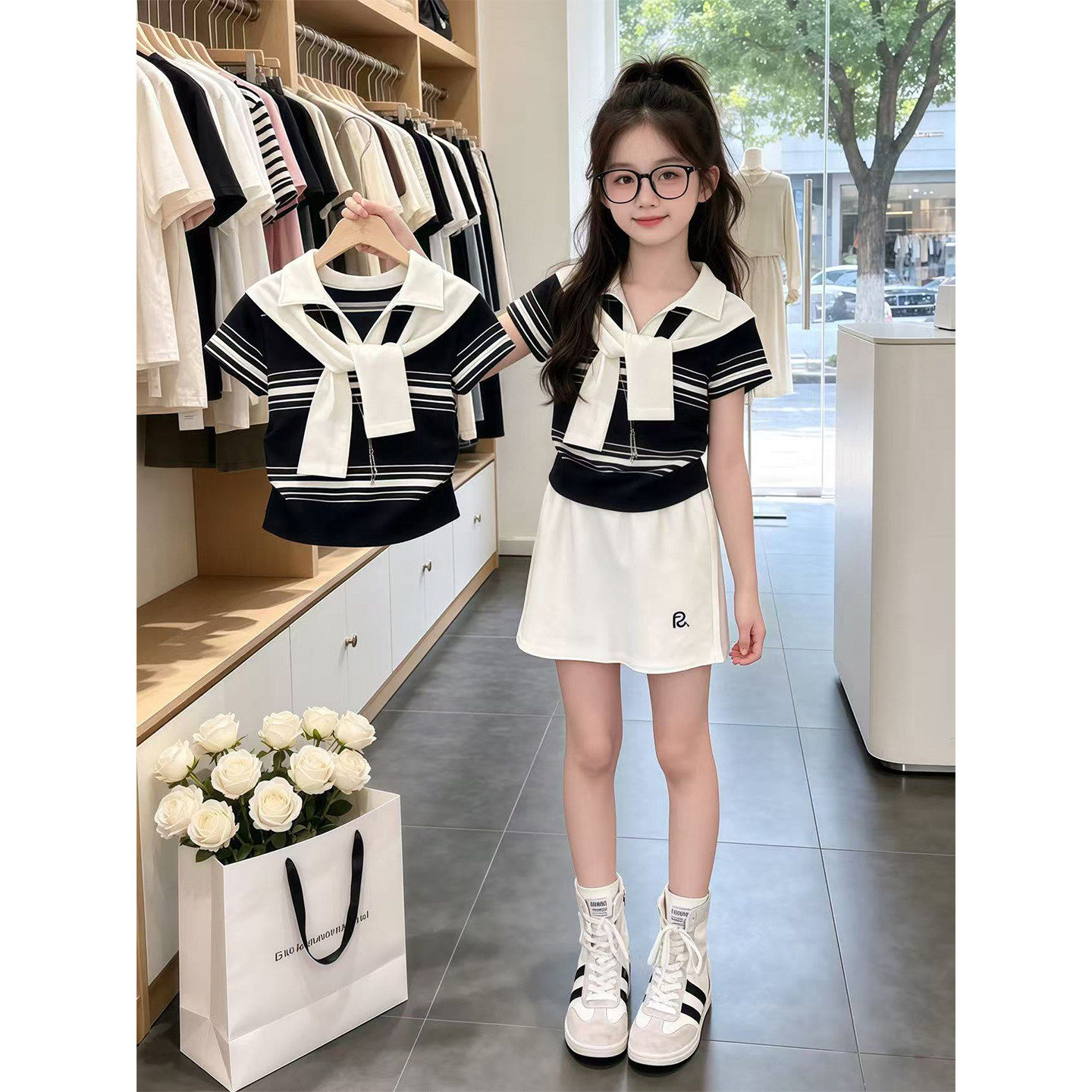 韩系运动风女童夏装条纹韩版薄款两件套洋气时髦套装2026夏季新款