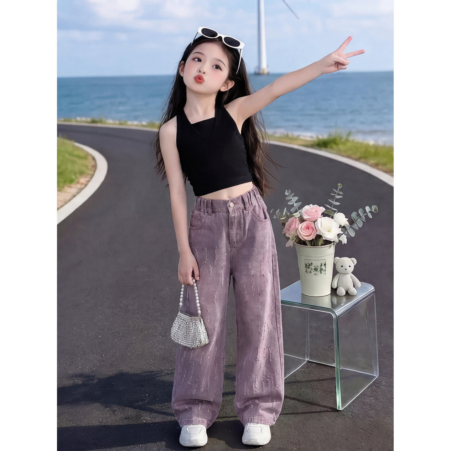 女童夏季无袖背心高腰阔腿牛仔裤