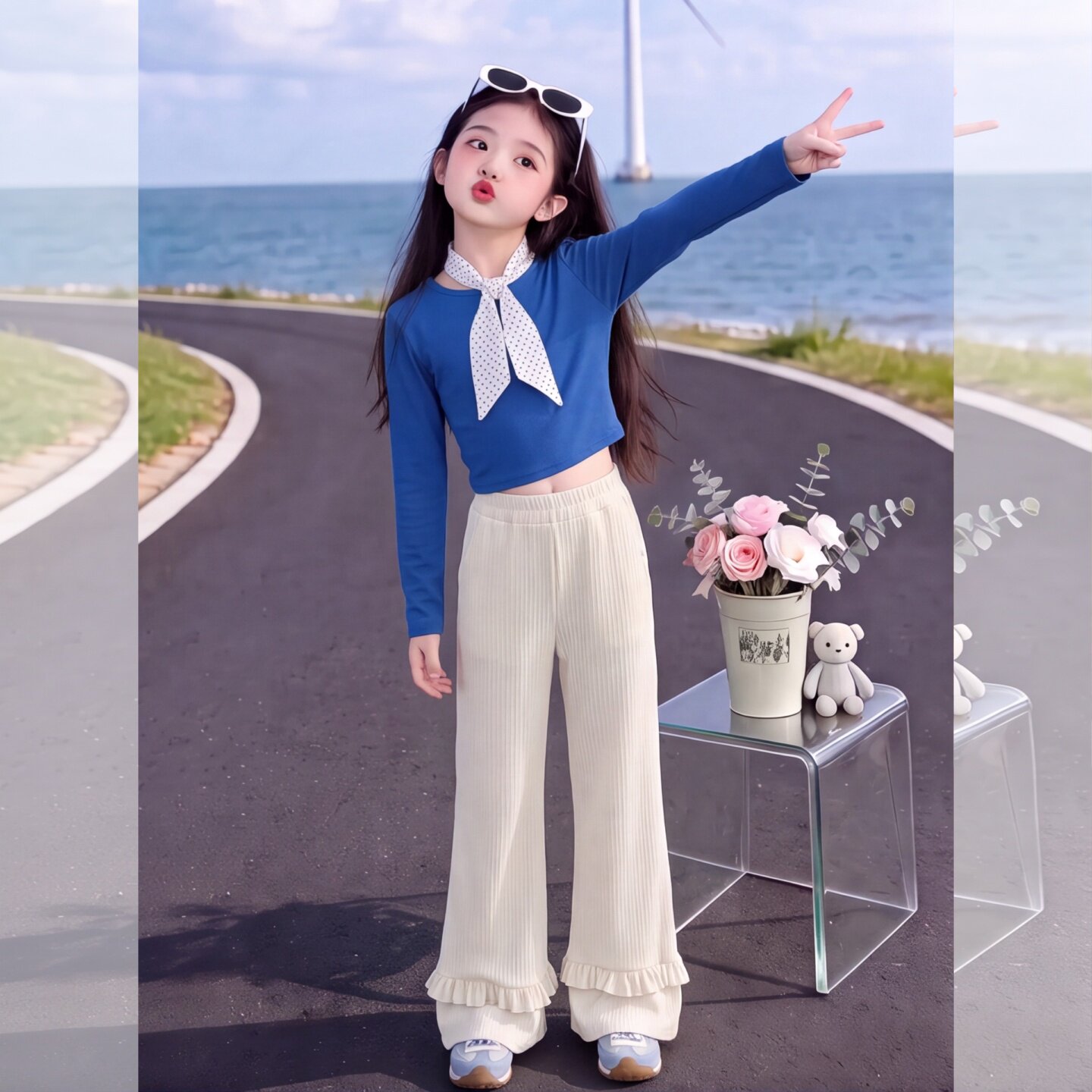 女童花边条纹微喇裤子2026中大童