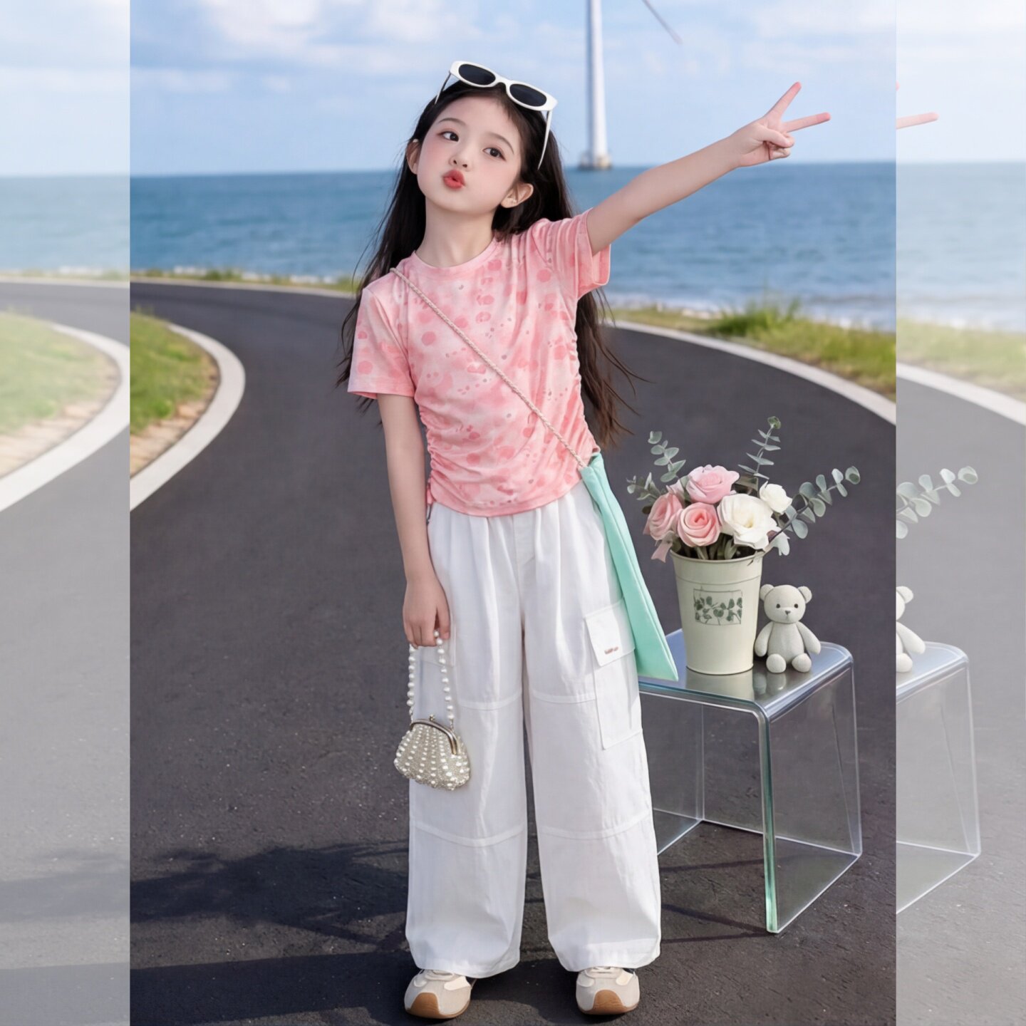 女童短袖t恤套装2026新款9女孩大童夏装体恤儿童夏季工装裤两件套