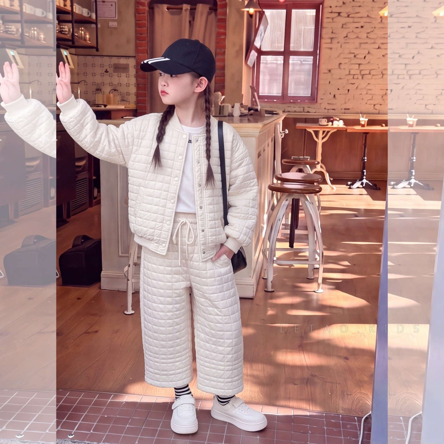 女童秋冬夹棉洋气阔腿九分裤套装