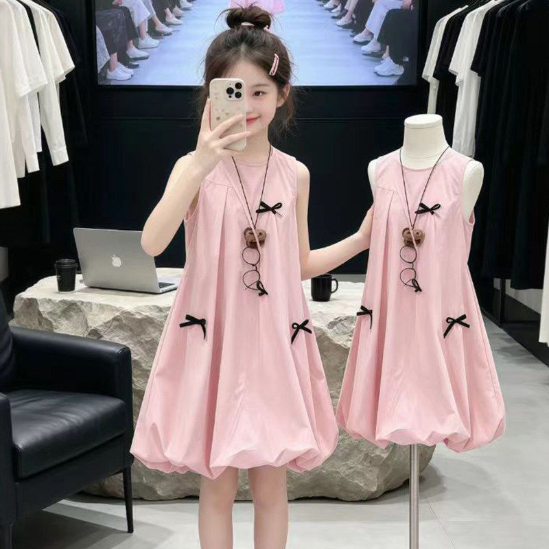 女童背心连衣裙夏季2026新款儿童韩版裙子夏装中大童蝴蝶结花苞裙