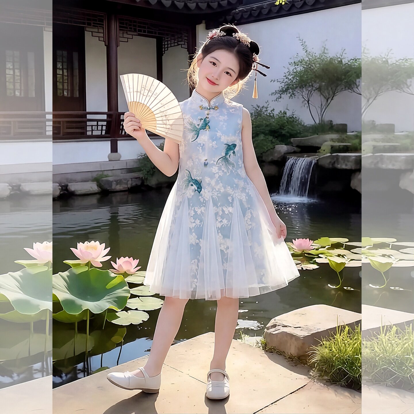 女童刺绣无袖立领拼接夏款旗袍裙
