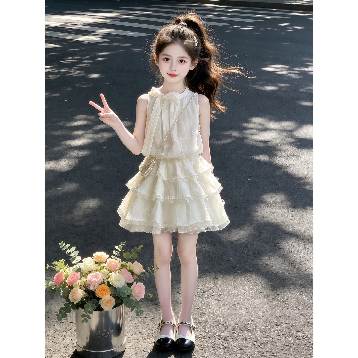 女童小香风连衣裙夏季2026新款儿童洋气蛋糕公主裙女大童蓬蓬裙子
