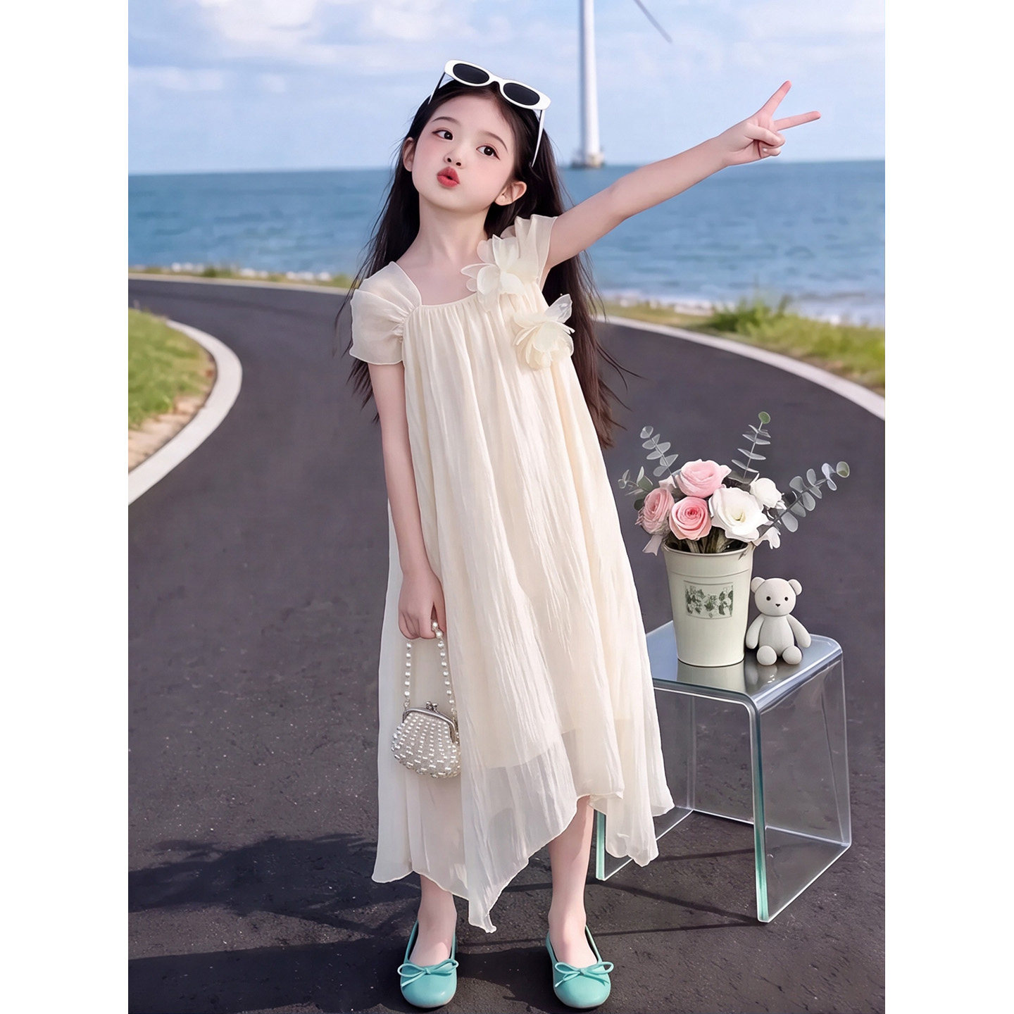 贝田女童巨好看的连衣裙夏季薄款