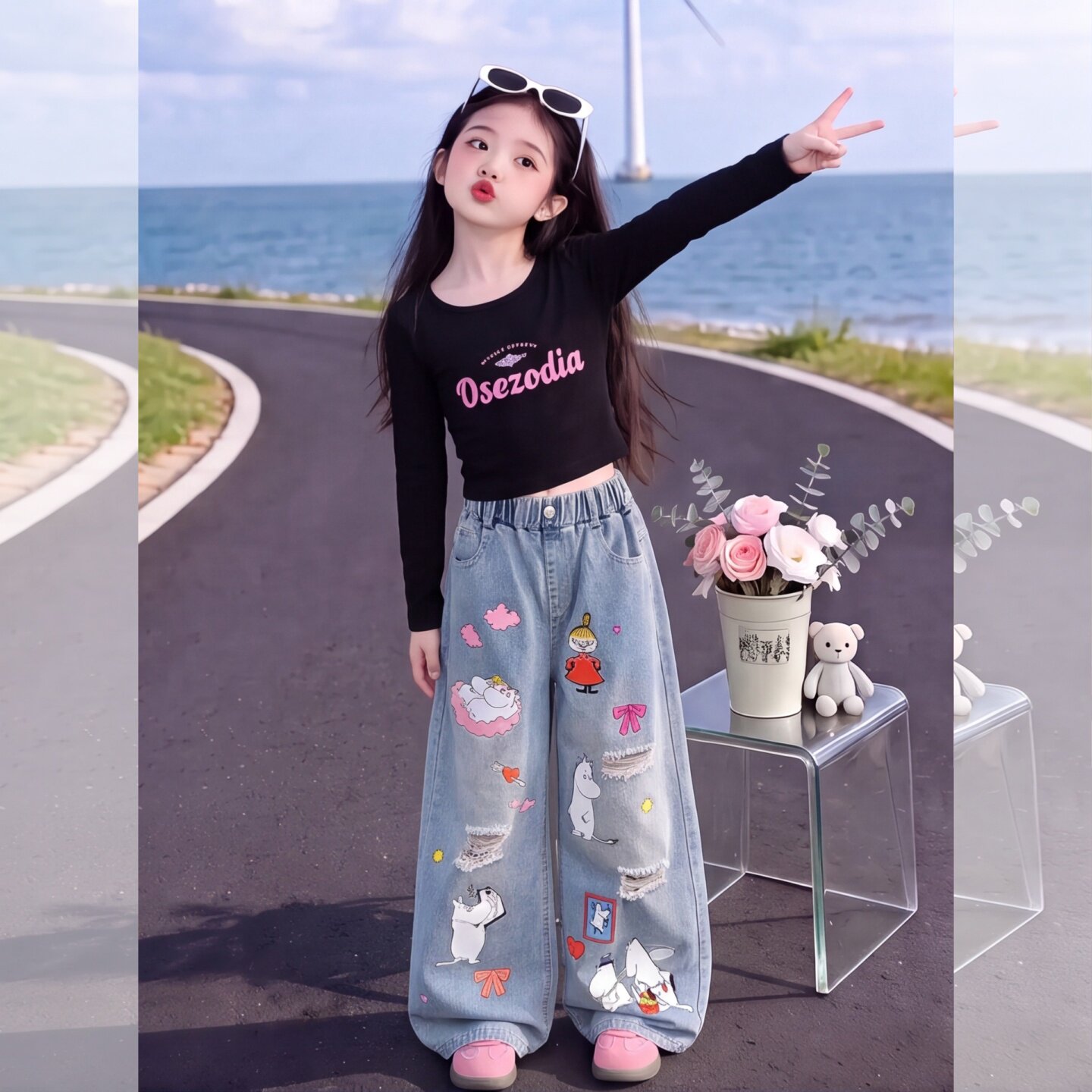 女童破洞牛仔裤2026秋装新款韩范